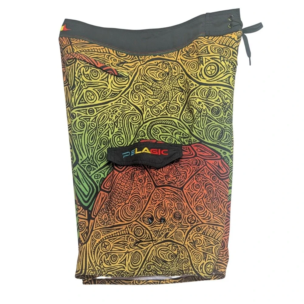 Pelagic Sharkskin Dorado Board Shorts Mens 32 Green Yellow Mahi Fishing